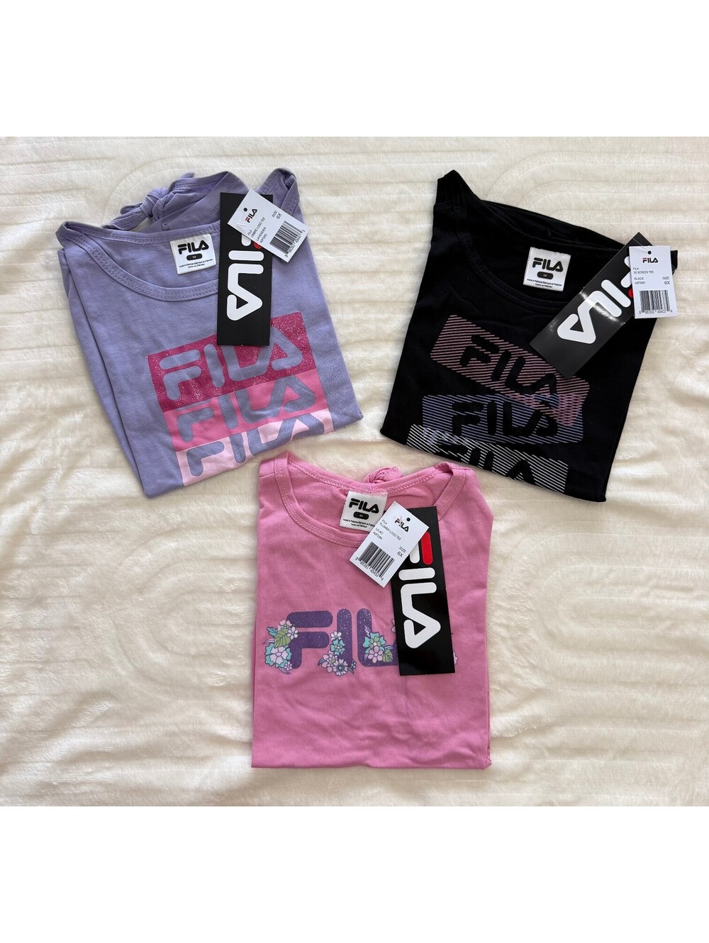 Set 3 Playeras FILA Niña Talla 6X Nuevas con Etiqueta - Lila, Negro y Rosa